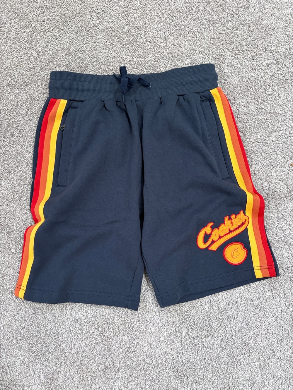 Cookies Navy Athletic Shorts with Red, Orange & Yellow Stripe - Men’s S